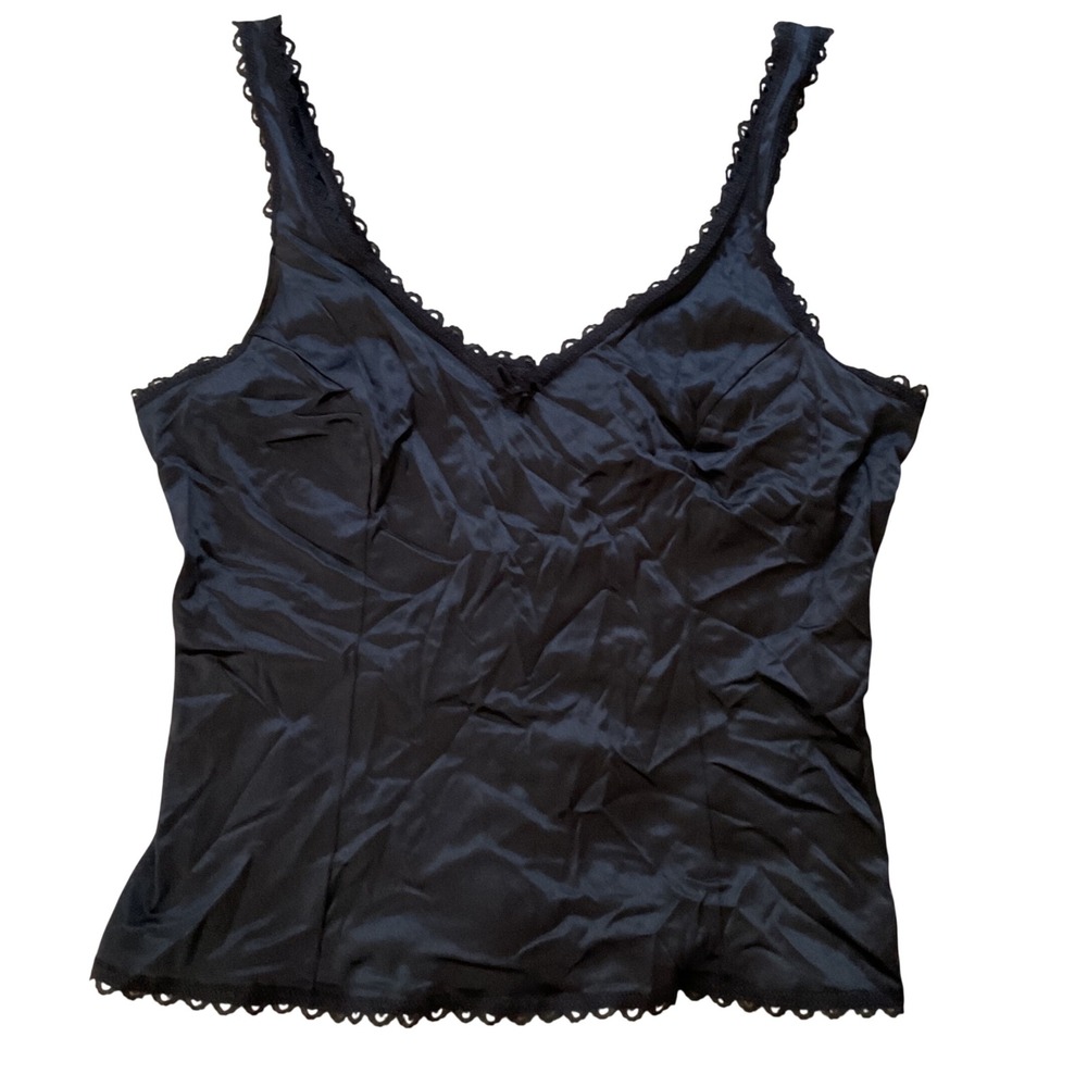 Adonna Vintage Black Lace‎ Trim Camisole Top Antron III Nylon Size 34 V-Neck